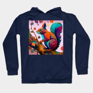 A whimsical, colorful squirrel perched on a branch Hoodie